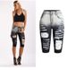 Women's clothing stretch ripped straight leg quarter pants black jeans women_mkmklike.com
