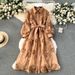 Women's fashion hollow flower breasted slim-fit mid-length version puffy sleeve dress_mkmklike.com