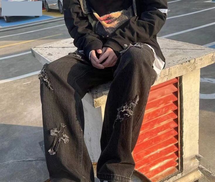 Men's Streetwear Patchwork Jeans - Hip-Hop Distressed Denim Pants With Zipper Details, High Waist Straight Leg Casual Trousers For Youth (Black/Blue)_mkmklike.com