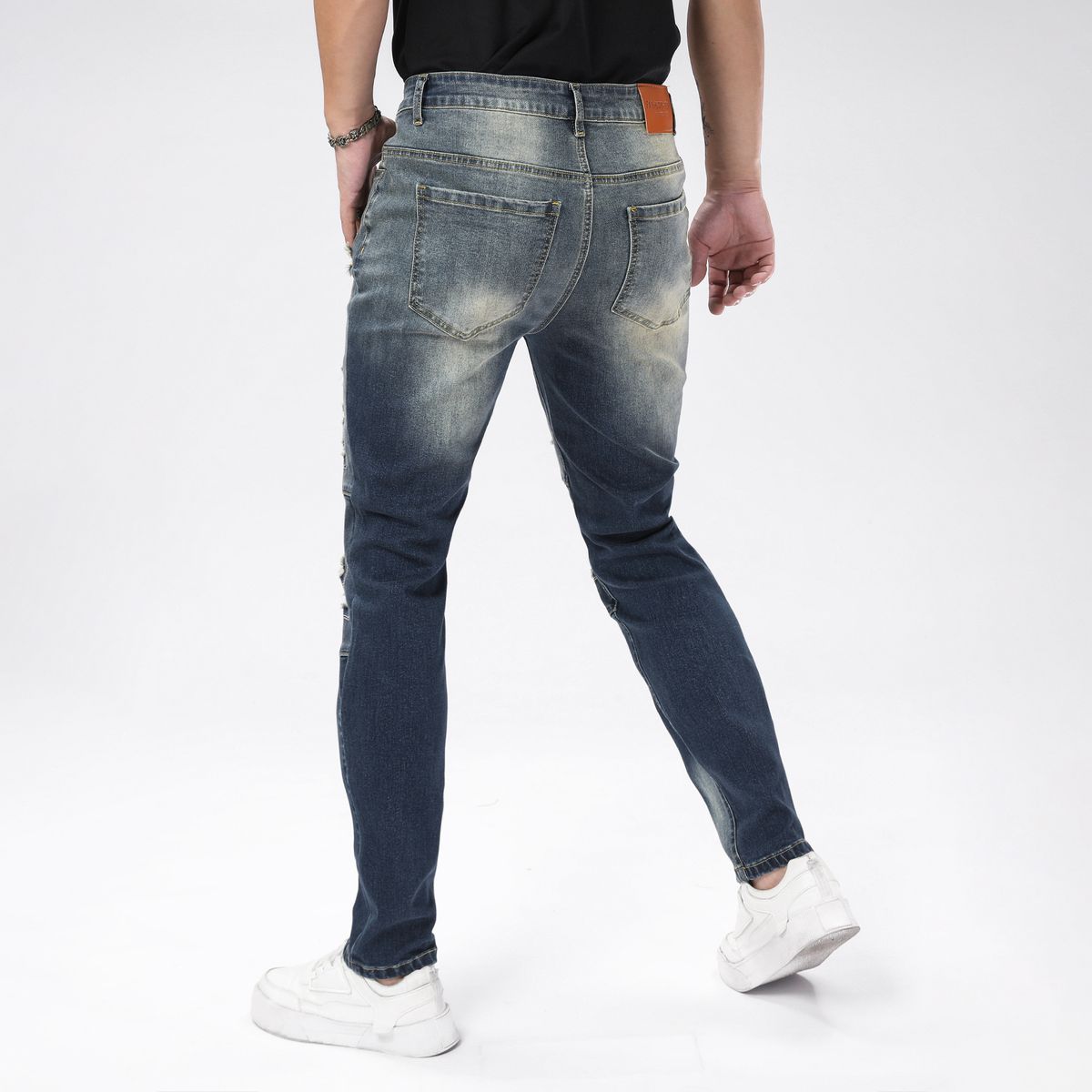 Men's Slim Fit Stretch Skinny Jeans - Vintage Blue Distressed Denim With Artful Rips & Fading (S-2XL)_mkmklike.com