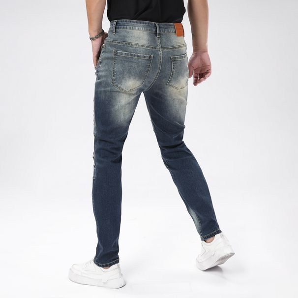 Men's Slim Fit Stretch Skinny Jeans - Vintage Blue Distressed Denim With Artful Rips & Fading (S-2XL)_mkmklike.com