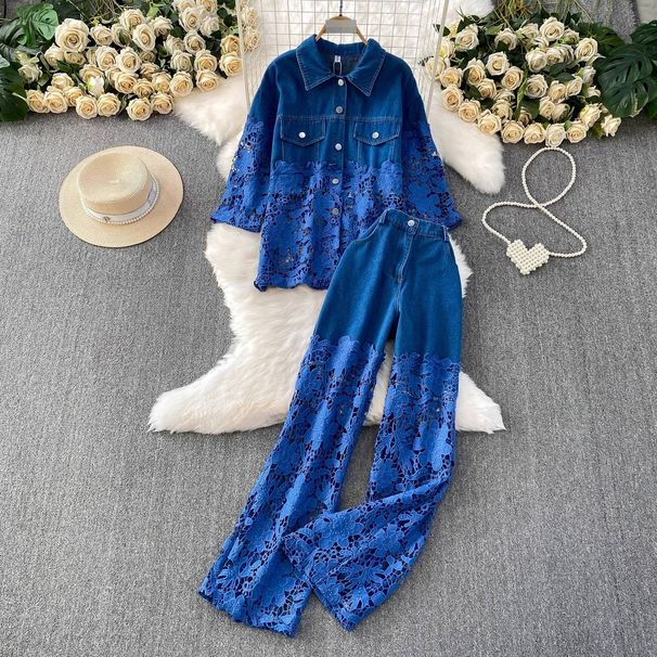 Women's Lace-Trimmed Denim Shirt & High-Waisted Wide-Leg Pants Set – Edgy Streetwear Two-Piece (Black, White, Blue, Rose Pink)_mkmklike.com