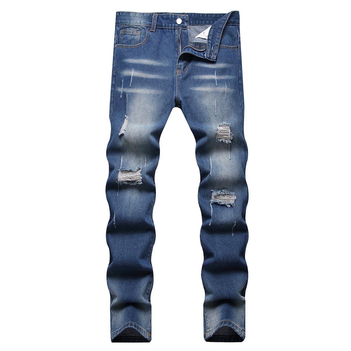 Men's Distressed Zip Fly Jeans - High Street Fashion Denim Pants With Washed Finish & Ripped Details - Straight Fit Cotton Trousers For Casual Wear_mkmklike.com