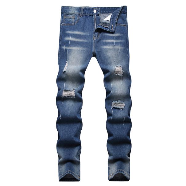 Men's Distressed Zip Fly Jeans - High Street Fashion Denim Pants With Washed Finish & Ripped Details - Straight Fit Cotton Trousers For Casual Wear_mkmklike.com