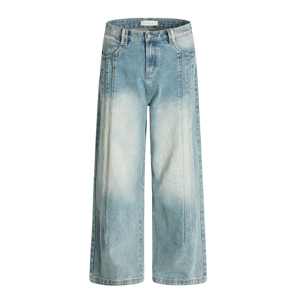 Distressed Denim Straight-Leg Street Style Punk Pleated Design Washed Gradient Frayed Wide-Leg Pants For Men_mkmklike.com