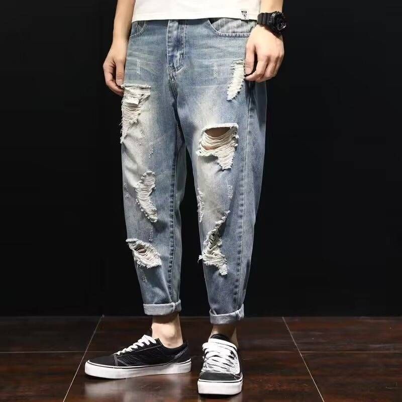 Men's Clothing Summer Thin Ripped Jeans Men's Loose Nine Point Fat Men's Trendy Big Size Fashion Pants Beggar Carrot Pants Trendy_mkmklike.com