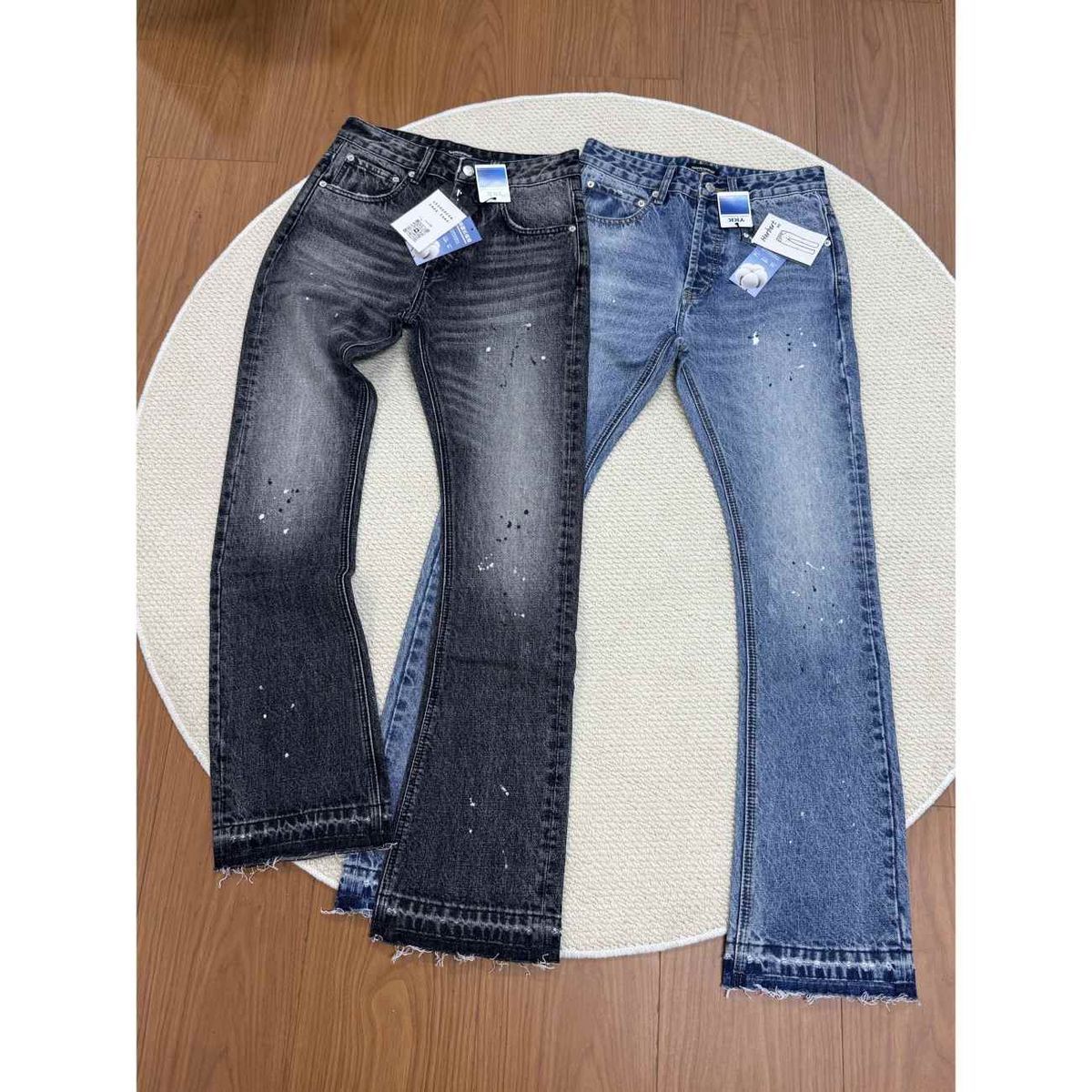Men's Splatter Wash Flared Jeans - Distressed Hem Denim Pants (Vintage Cowboy Revival)_mkmklike.com