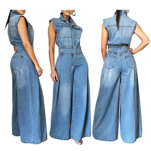 Vintage Washed Denim Jumpsuit Sleeveless Wide Leg Romper With Adjustable Straps | High Waist Streetwear Jumpsuit For Women Stretch Cotton Blend_mkmklike.com