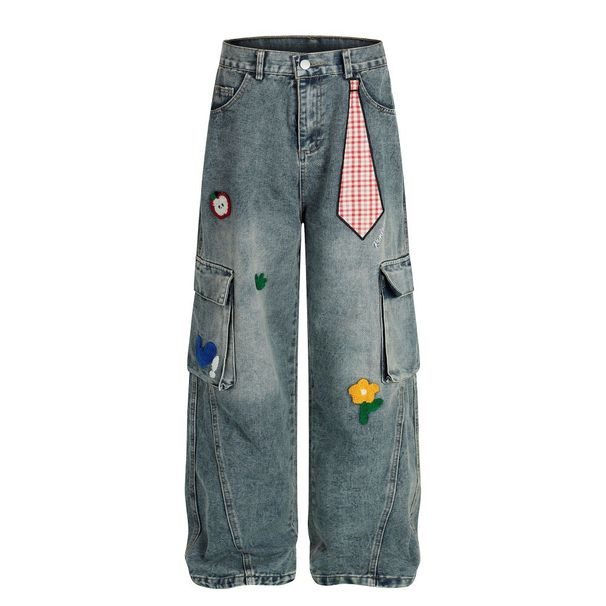 Unique Design Patch Embroidery Cargo Jeans Men's Punk Vintage Washed Loose Straight Long Pants_mkmklike.com