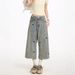 Women's Clothing Women's Distressed Washed Loose Straight Wide Leg Capri Pants Puppy Embroidery For Formal & Casual For Women_mkmklike.com