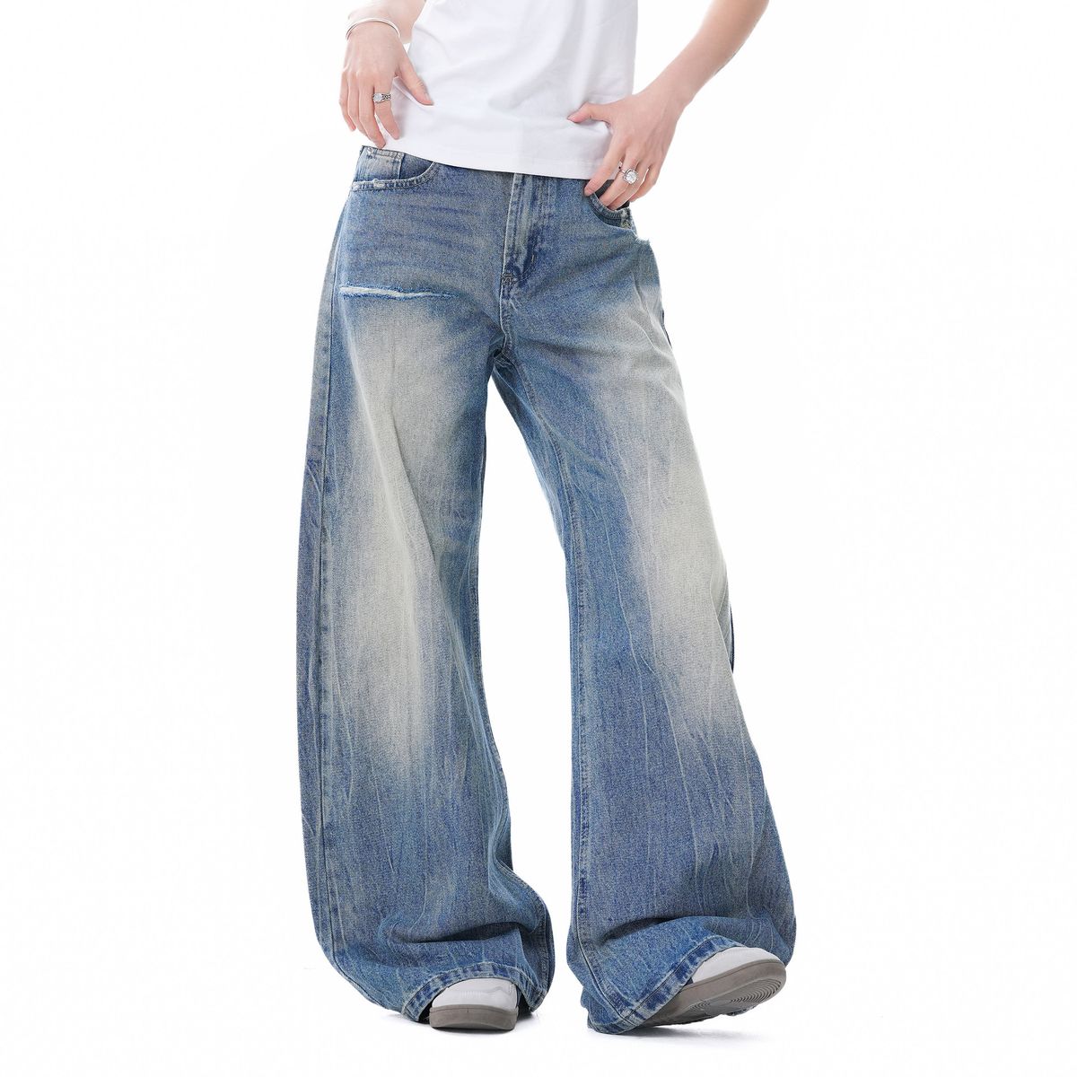 Women's American Retro Ripped Blue Jeans Unique Style Loose Fit Versatile Straight Leg Wide Leg Pants_mkmklike.com