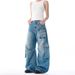 Women's Retro Multi Pocket Design Jeans Loose Fitting Floor Length Pants Curved Silhouette 2026 Summer New Style Direct Sales_mkmklike.com