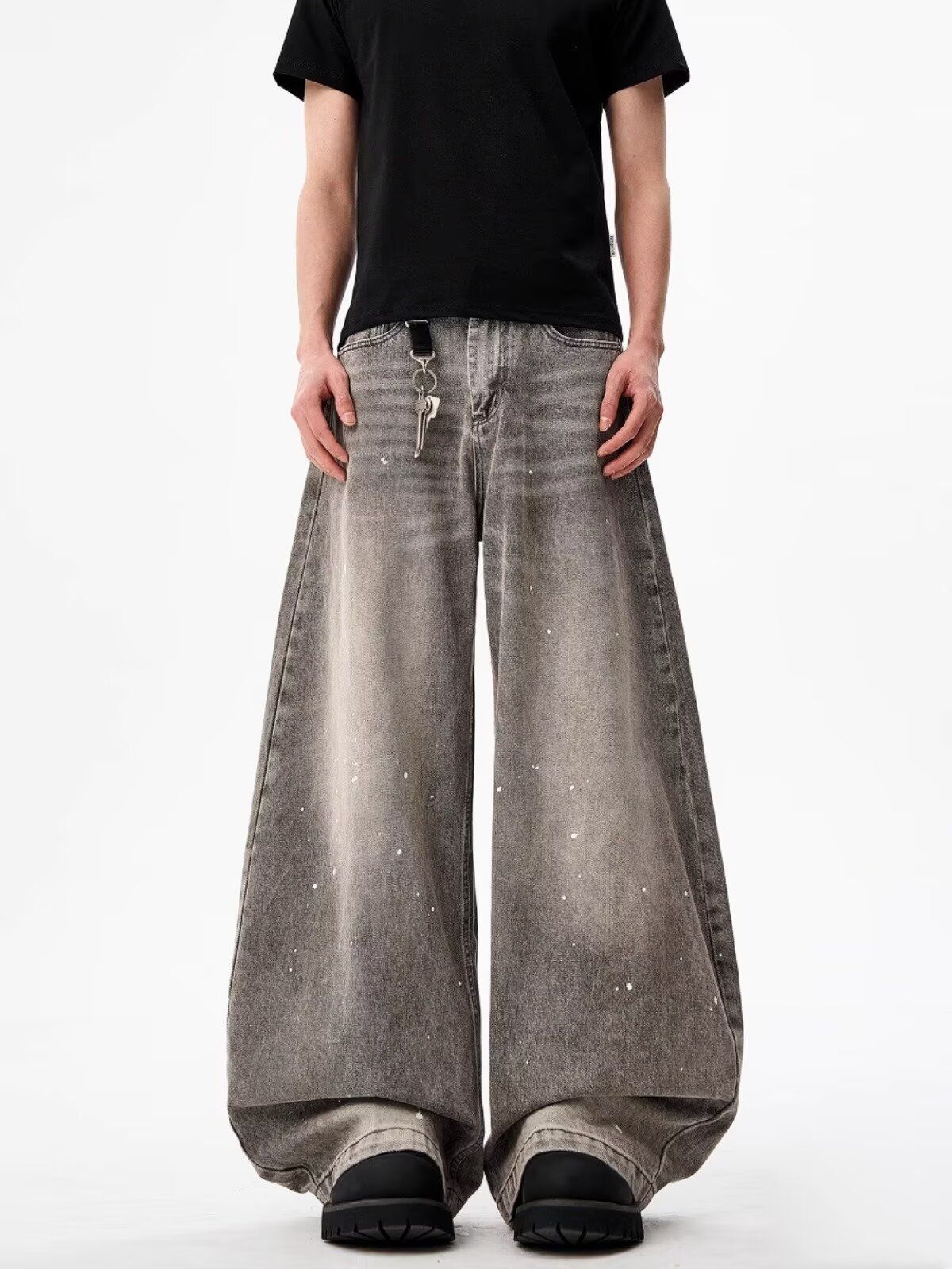Streetwear Distressed Jeans Vintage Washed Gray Splatter Paint Denim Pants, Loose Straight Cut With Button Fly, Unisex High Street Fashion_mkmklike.com