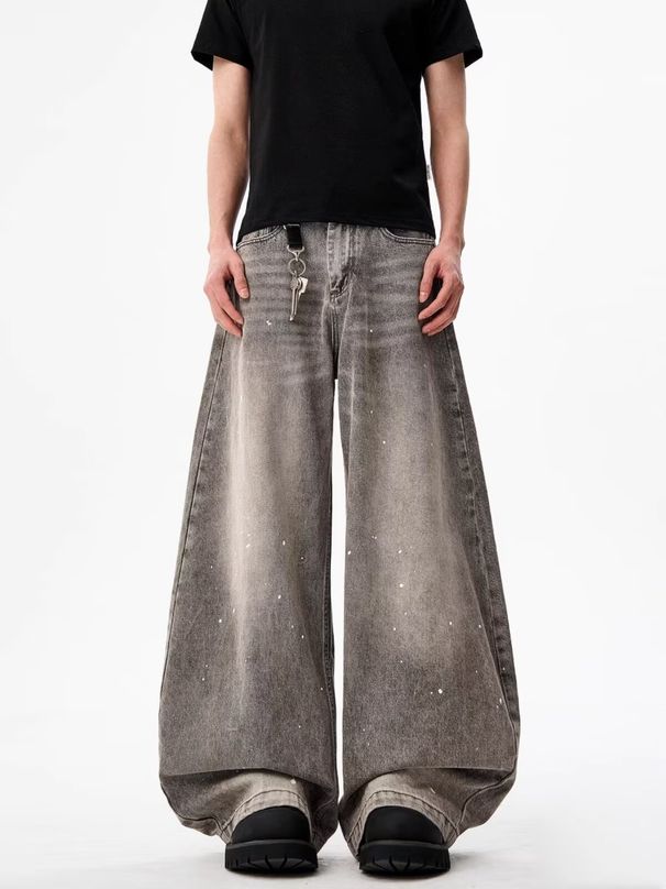 Streetwear Distressed Jeans Vintage Washed Gray Splatter Paint Denim Pants, Loose Straight Cut With Button Fly, Unisex High Street Fashion_mkmklike.com