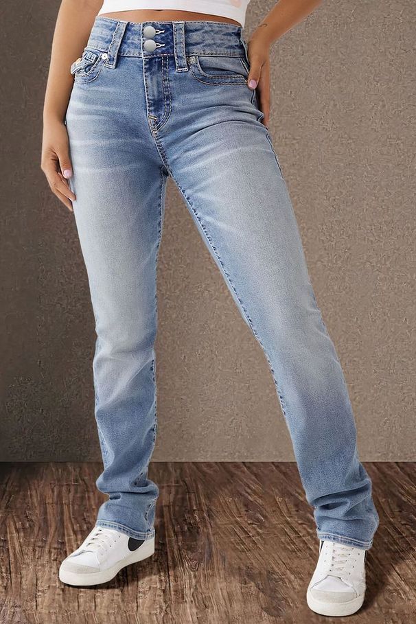 Women's Clothing Spring New Double Button Mid Waist Straight Jeans Women's Slim Temperament Trousers_mkmklike.com