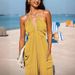 Women's Clothing deep V halterneck sleeveless pleated pocket back tie wide leg cuff long jumpsuit_mkmklike.com