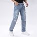 Men's Fashion Ripped Jeans Straight Tube Non Elastic High Street Style Light Blue Men's Pants Versatile For All Seasons Bicycle Ripped Denim Pants_mkmklike.com
