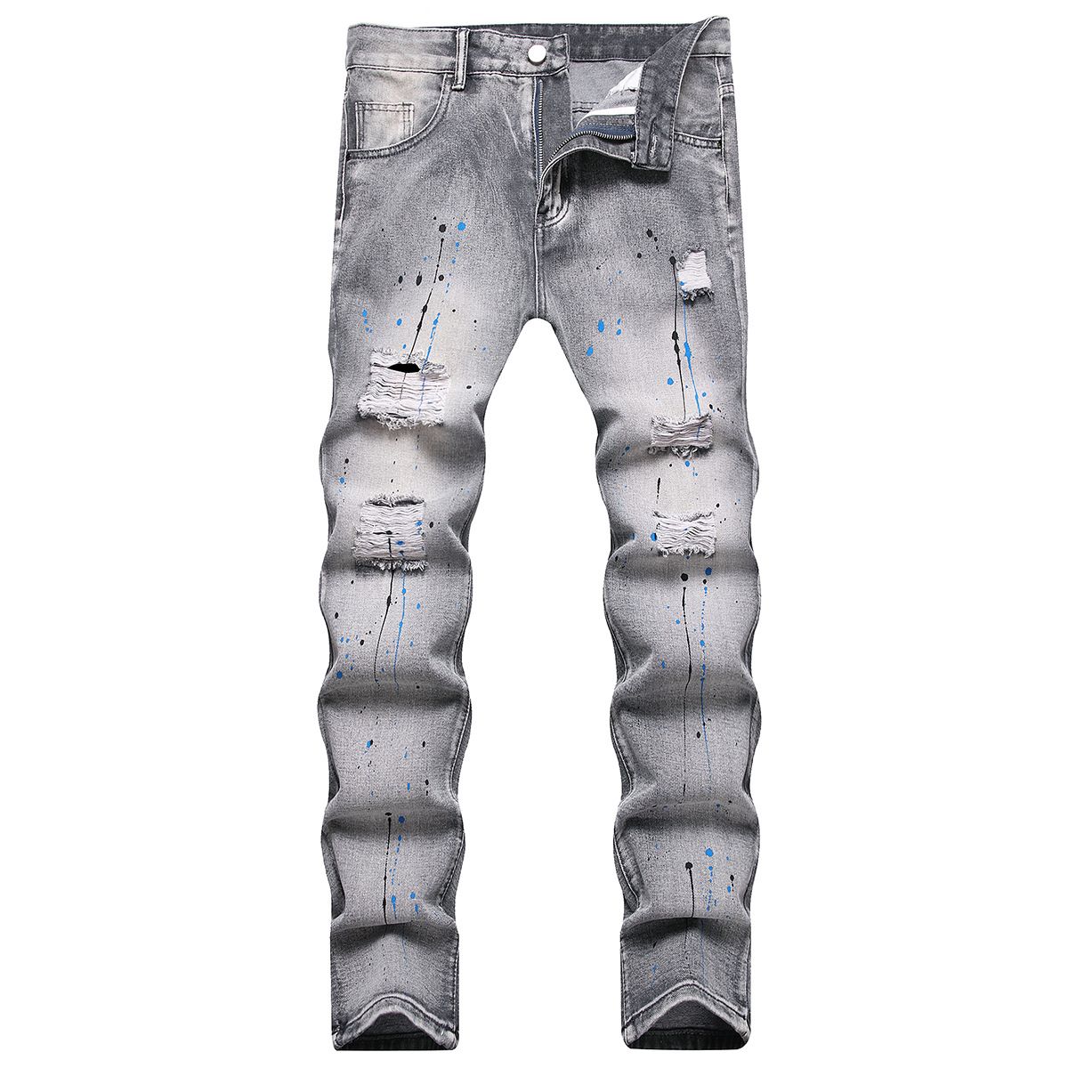 Men's Distressed Slim-Fit Jeans - Grunge Washed Gray Skinny Denim Pants With Paint Splatter & Ripped Details, Straight Leg Non-Stretch Streetwear_mkmklike.com
