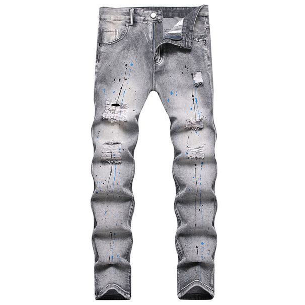 Men's Distressed Slim-Fit Jeans - Grunge Washed Gray Skinny Denim Pants With Paint Splatter & Ripped Details, Straight Leg Non-Stretch Streetwear_mkmklike.com