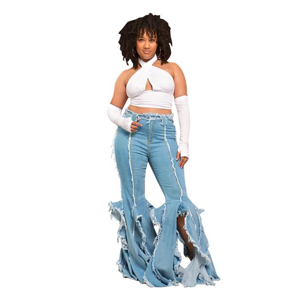 Fringe Hem Flared Jeans For Women, Boho Chic Distressed Bootcut Denim Pants With Side Slits, Stretchy Comfort From S To 2XL_mkmklike.com
