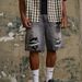 Men's Distressed Denim Shorts, Vintage Washed Blue High-Street 5-Inch Casual Cargo Shorts With Ripped Details, Relaxed Fit Summer Shorts_mkmklike.com