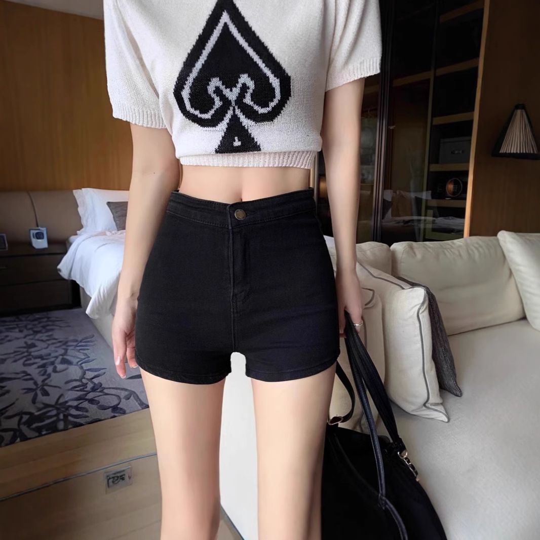 Women's High Waist Slimming Denim Shorts Spring 2025 Style Black Bodycon Elastic Hot Pants_mkmklike.com