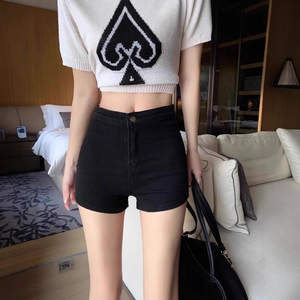 Women's High Waist Slimming Denim Shorts Spring 2025 Style Black Bodycon Elastic Hot Pants_mkmklike.com