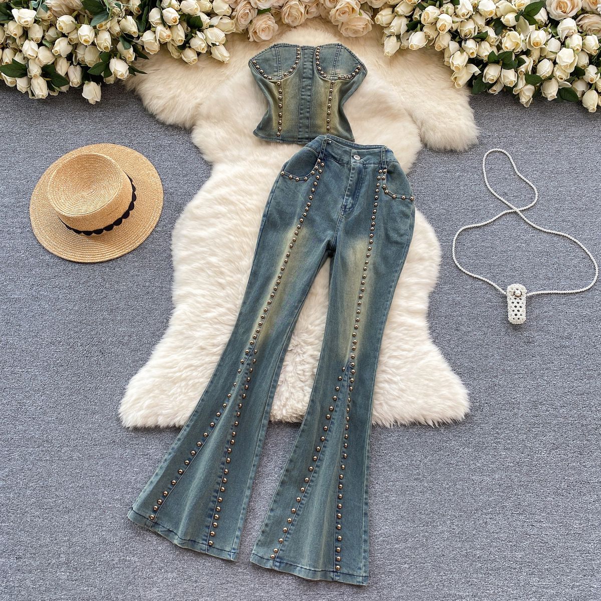 Women's Slimming Beaded Denim Suit Sexy Strapless Top High Waist Slightly Flared Length Retro American Two-Piece Outfit_mkmklike.com