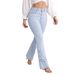 Light Blue Washed Lace up Flared Jeans for Women Slim Fit Floor Length Drawstring Hem YT10_mkmklike.com