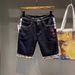 Men's Stretch Denim Shorts With Embroidered Detailing – Mid-Length Relaxed Fit Casual Summer Shorts In Dark Blue_mkmklike.com