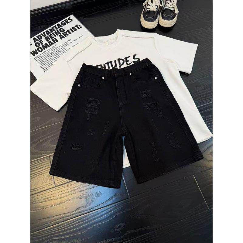 Cleanfit Men's Blue Ripped Denim Shorts Summer Retro Cropped Straight Leg Five Point Pants_mkmklike.com
