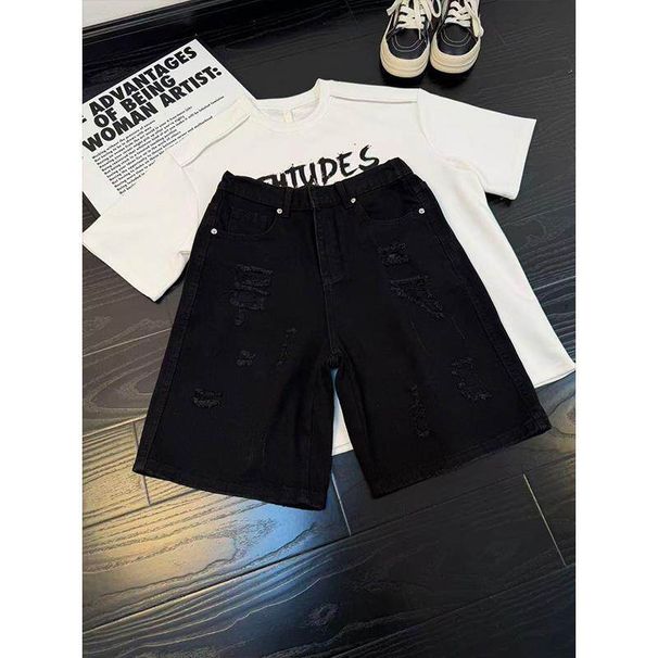 Cleanfit Men's Blue Ripped Denim Shorts Summer Retro Cropped Straight Leg Five Point Pants_mkmklike.com