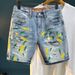 Men's Trendy Ripped Stretchy Slim Fit Jeans Mid Length Shorts Blue Style Basic Straight Leg Embroidered Patches_mkmklike.com