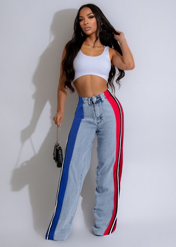 Women's Fashion Patchwork Striped Color-Block Denim Pants – Stretch Waist Straight Leg Casual Trousers_mkmklike.com