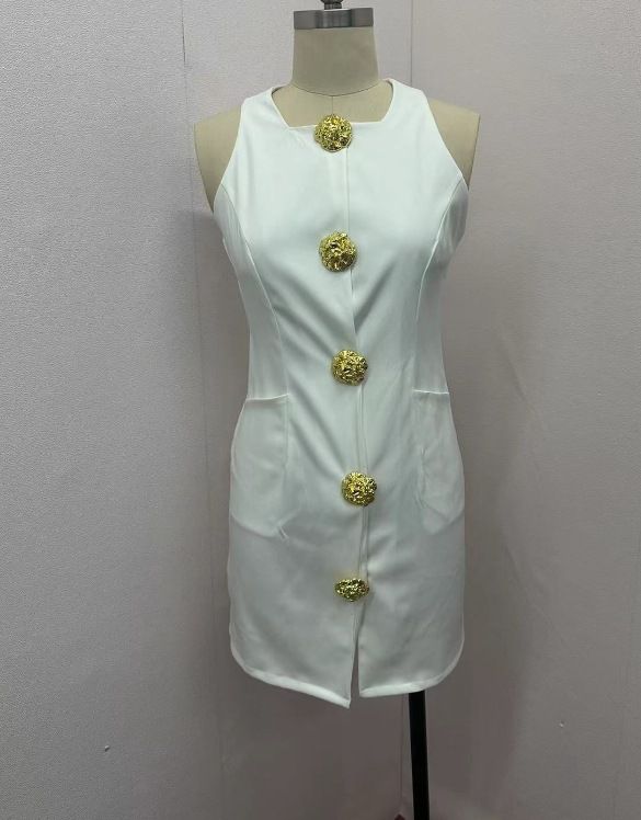 Women's Clothing niche design metal button short sleeveless dress _mkmklike.com