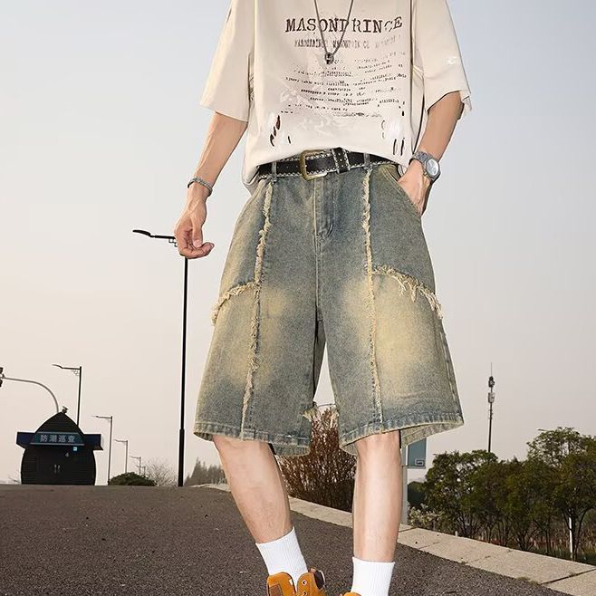 Men's Clothing Retro Raw Edge Tassel Stitching Distressed Denim Shorts Men's Summer Trendy High Street Washed Loose Shorts_mkmklike.com