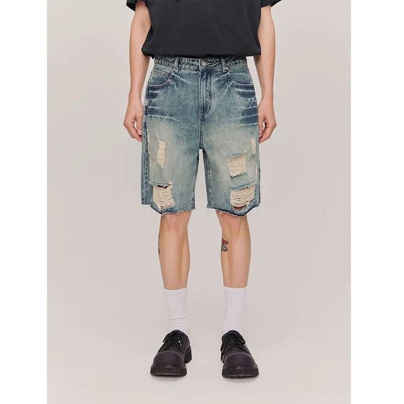 Men's Clothing Summer Denim Shorts Trendy High Street Casual Distressed Loose Straight Leg Mid-Length 5/8_mkmklike.com