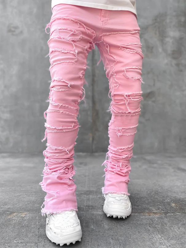 "Men's Patchwork Slim Fit Flared Jeans - Vintage High Street Style, Comfortable Cotton Denim Trousers For Casual & Trendy Outfits"_mkmklike.com