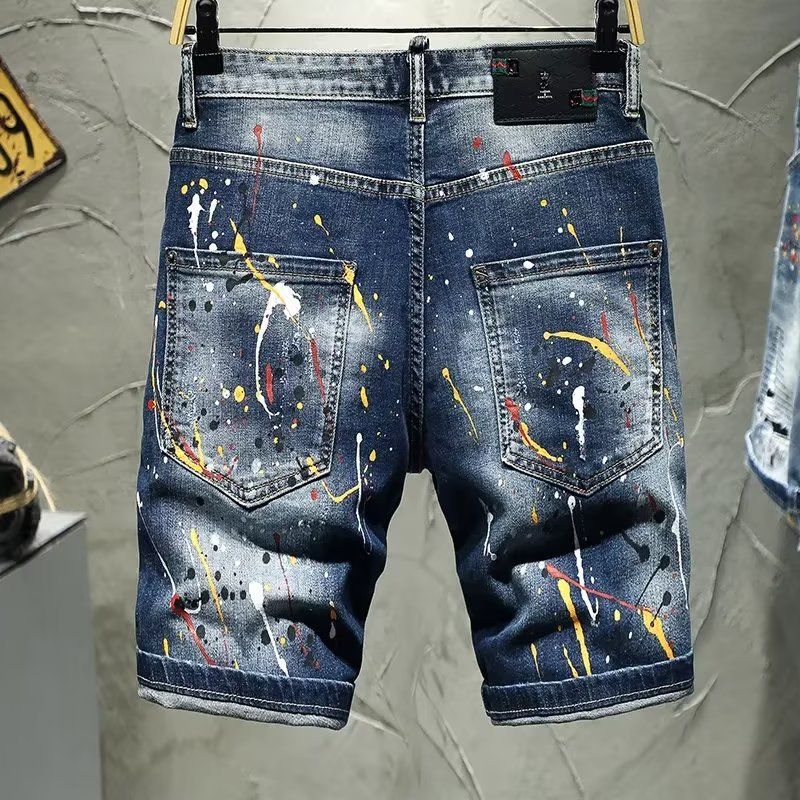 Men's Clothing Ink Splash Hole Denim Shorts Men's Trendy Brand Slim Fit Skinny Summer Thin Five Point Mid Length Pants_mkmklike.com