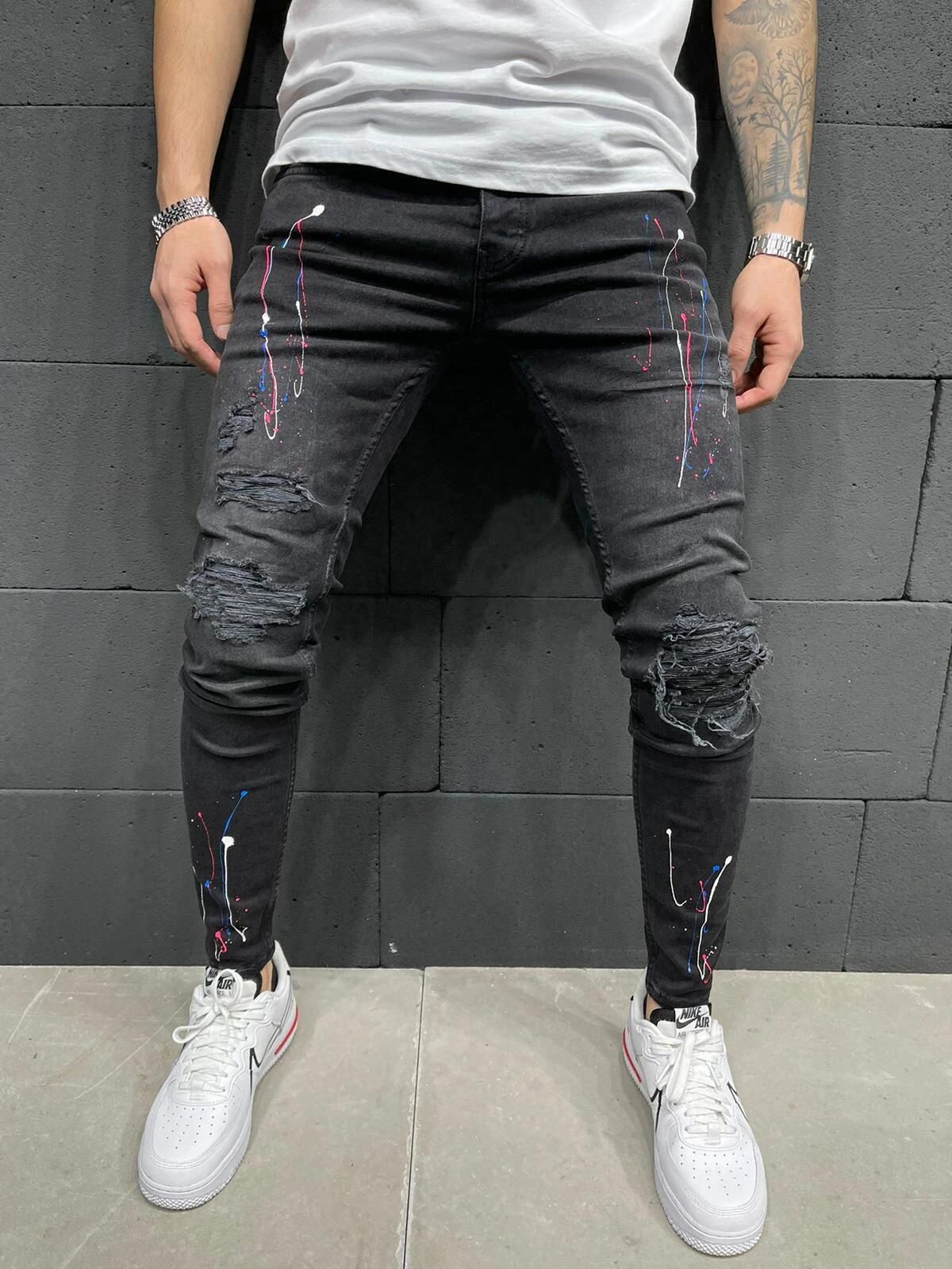 Men's Clothing Ripped Print Jeans Paint Stretch Small Foot Jeans_mkmklike.com