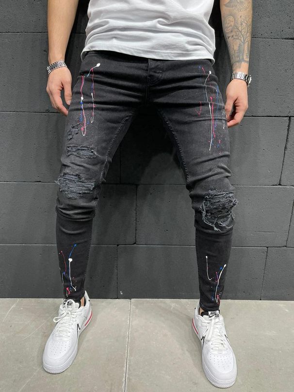 Men's Clothing Ripped Print Jeans Paint Stretch Small Foot Jeans_mkmklike.com
