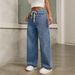 Women's Embellished High Waist Wide Leg Jeans - Flared Straight Denim Pants With Beaded Details For Casual Streetwear_mkmklike.com