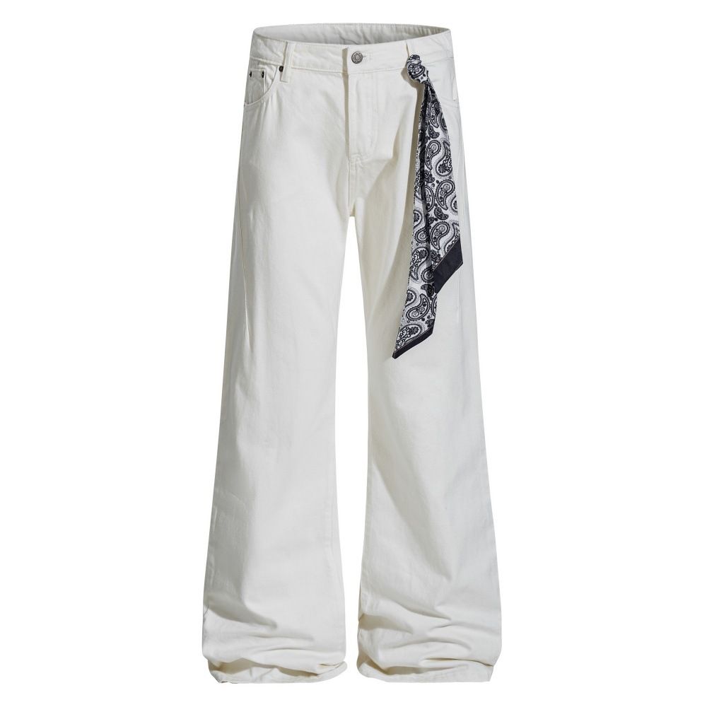 Square Scarf Tie Denim Men's Flared Trendy Brand High Street Vibe Style Loose Casual Wide-Leg Pants_mkmklike.com