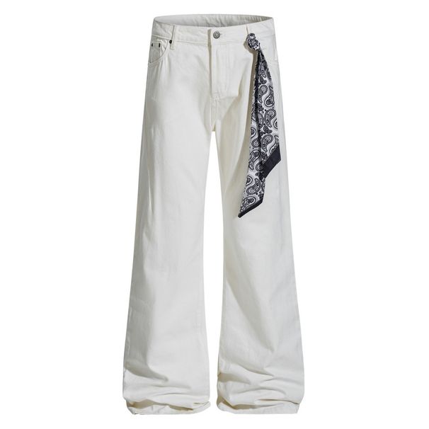 Square Scarf Tie Denim Men's Flared Trendy Brand High Street Vibe Style Loose Casual Wide-Leg Pants_mkmklike.com