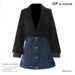 New Women's Slim Fit Denim Patchwork Suit Jacket Faux Two Piece Mid Length Top Casual Style In Blue_mkmklike.com
