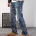 Men's Vintage Distressed Jeans, Streetwear Baggy Denim Pants With Graphic Print, Loose Fit High Waist Straight Leg For Casual & Urban Style_mkmklike.com