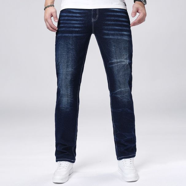 Men's Slim Fit Stretch Jeans – Dark Blue Skinny Denim Pants, Comfortable Cotton Blend, Hand-Rubbed & Washed Finish, Modern Korean Style_mkmklike.com