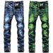Men's Slim Fit Stretch Jeans Distressed Denim Pants Vintage Wash Blue Green 30-40_mkmklike.com