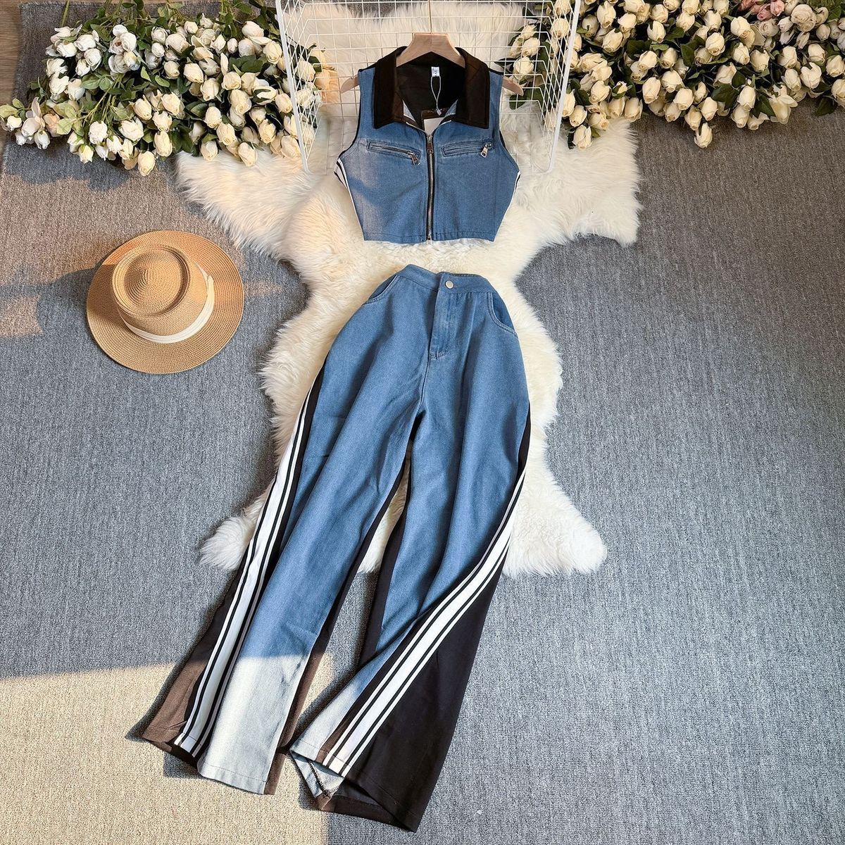 Women's Clothing Fashion Retro Sleeveless Short Denim Splicing Top Wide Leg Trousers Contrast Color Two Piece Suit_mkmklike.com