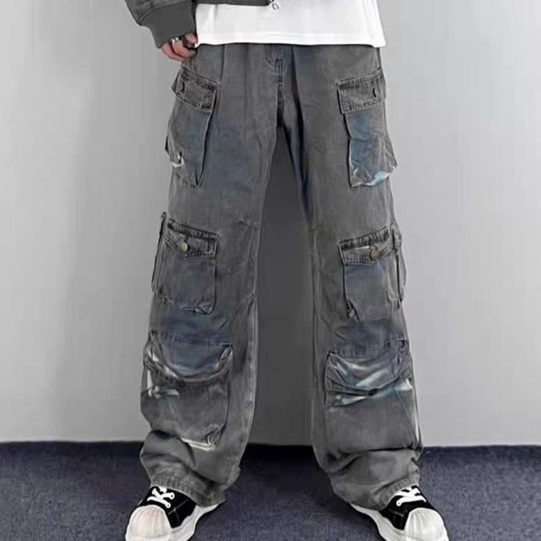 American Style New Pocket Straight Workwear Washed High Street Loose Tube Jeans Casual Ins Pants_mkmklike.com